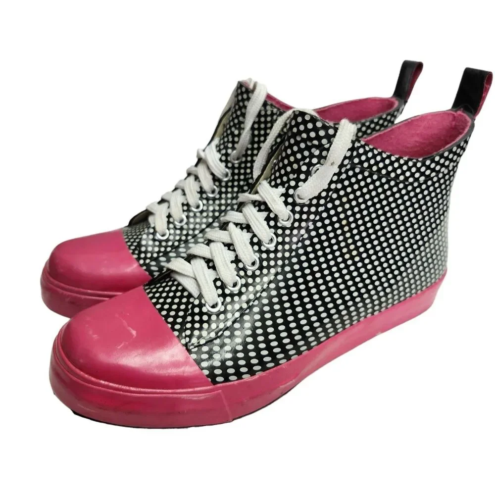 LA Gear High Top Rain Boots Womens 8 Polka Dot Black Pink Rubber Vintage 90s